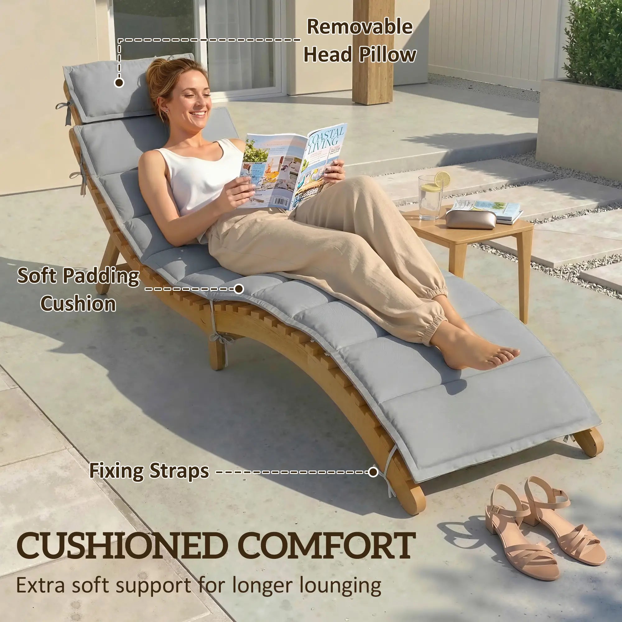 Folding Acacia Wood Chaise Lounge Chair with Cushion, Light Grey Lounger Chairs at Gallery Canada