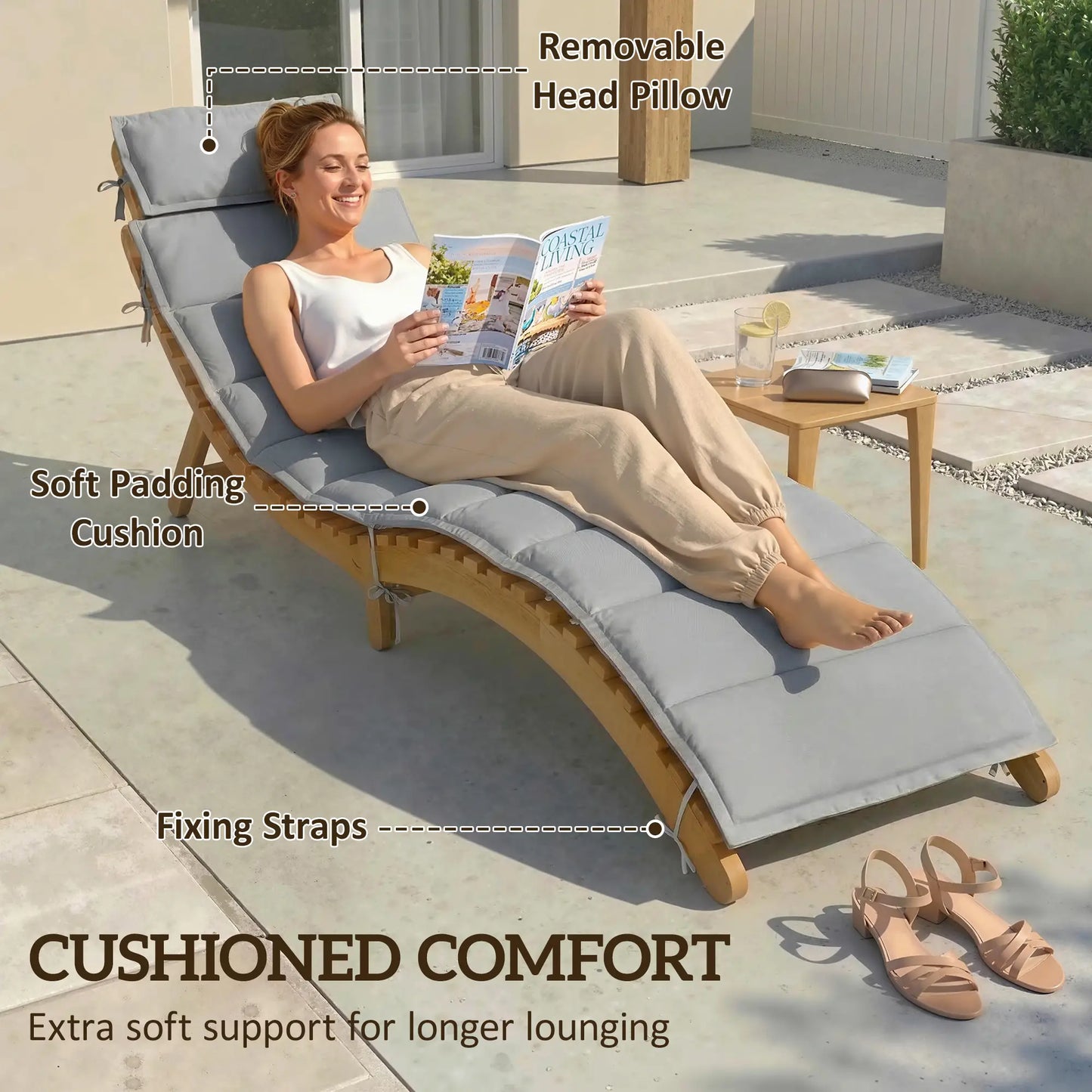 Folding Acacia Wood Chaise Lounge Chair with Cushion, Light Grey Lounger Chairs at Gallery Canada