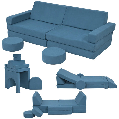 12-Piece Modular Kids Play Couch, Convertible Sofa, Blue