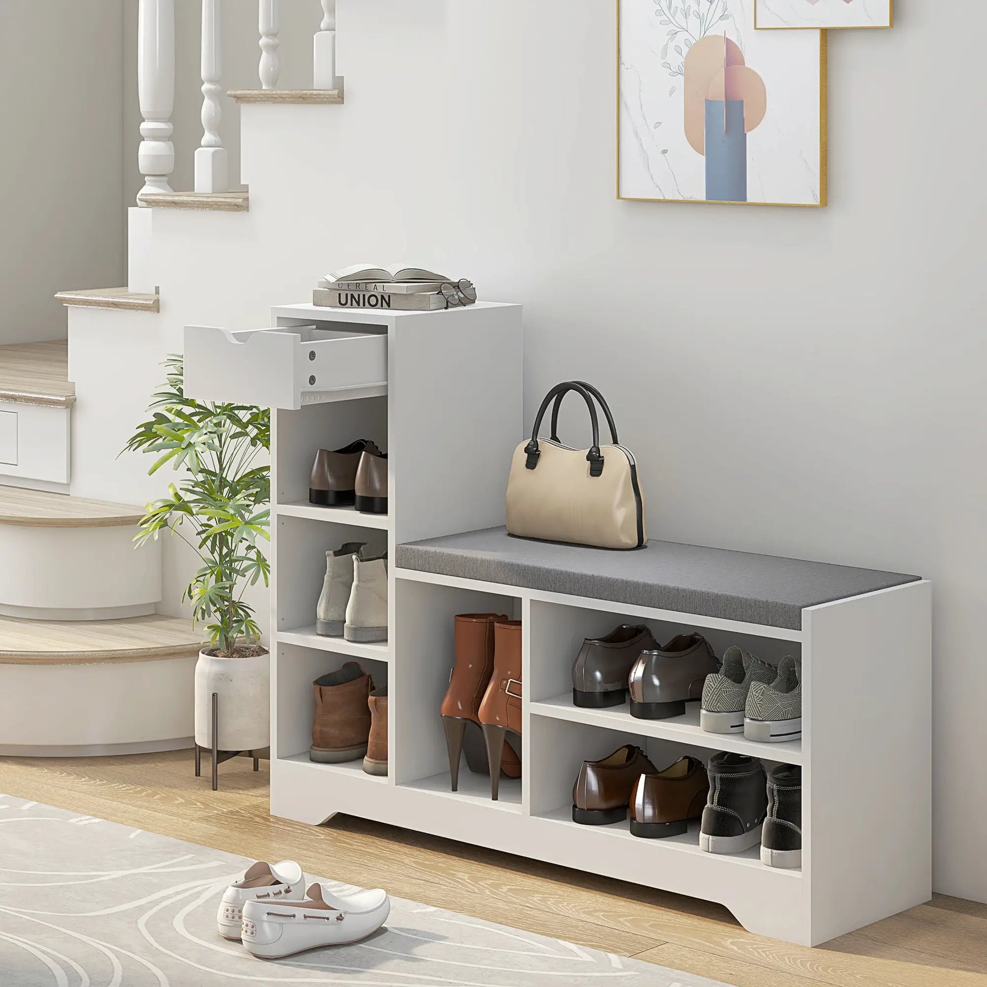 Upholstered Shoe Storage Bench With Seat, Drawer, 6 Shelves, White Shoe Storage Cabinets & Racks at Gallery Canada