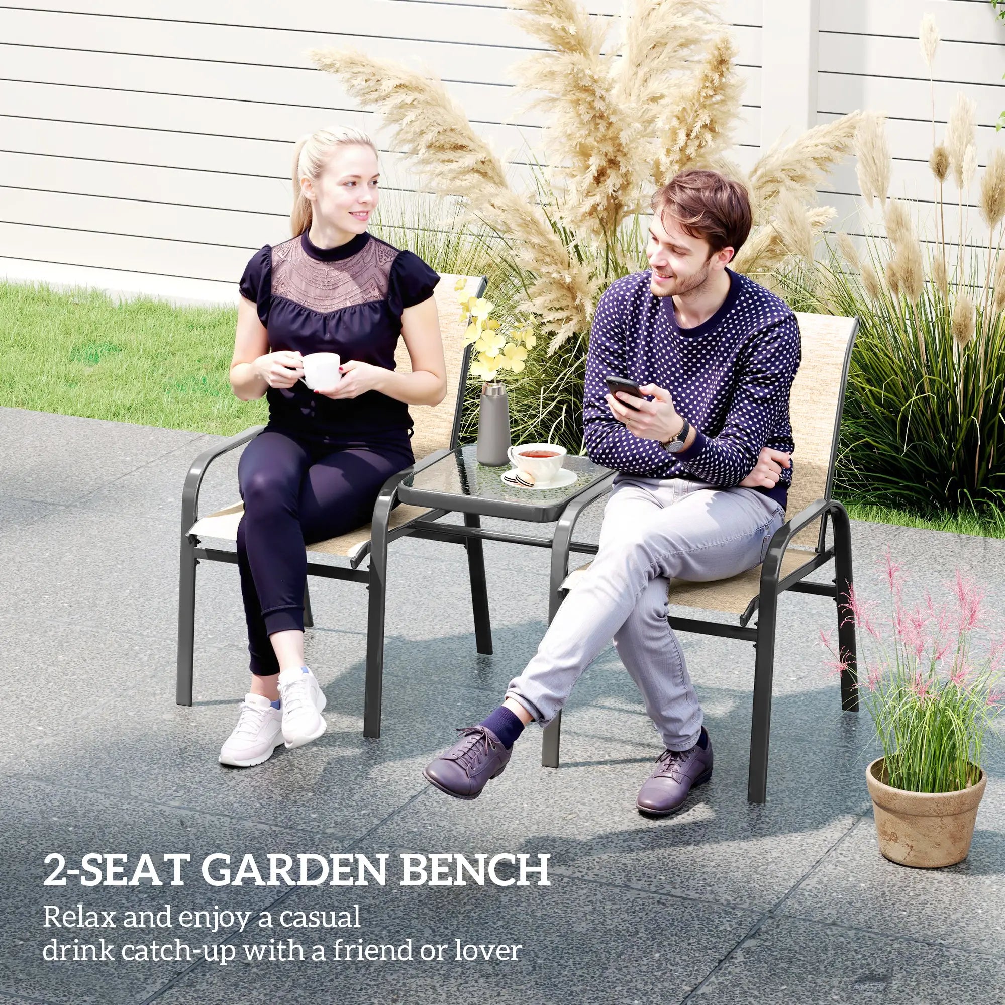 Outdoor Loveseat with Glass Table, Garden Bench, Breathable Mesh, Brown Outdoor Benches at Gallery Canada