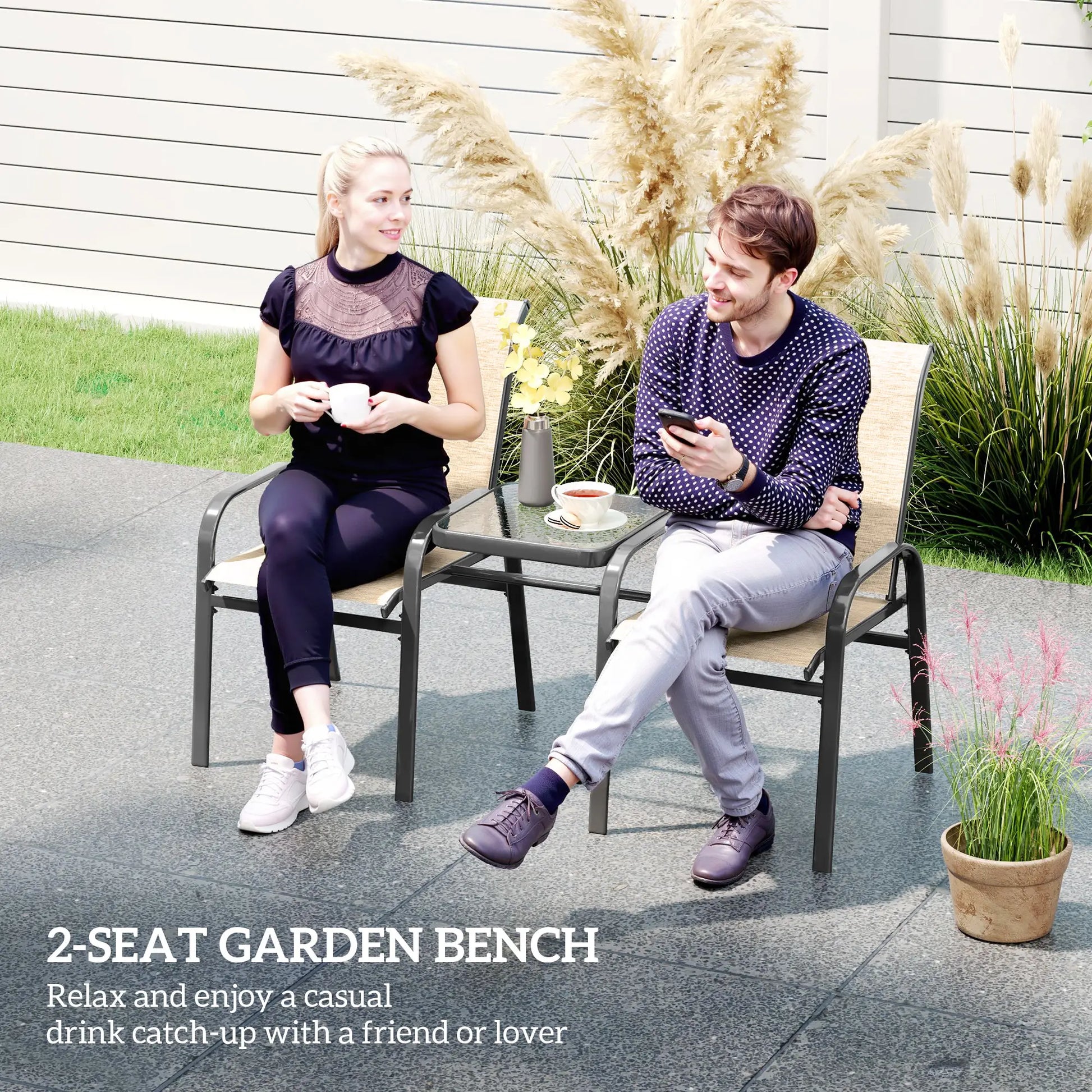 Outdoor Loveseat with Glass Table, Garden Bench, Breathable Mesh, Brown Outdoor Benches at Gallery Canada