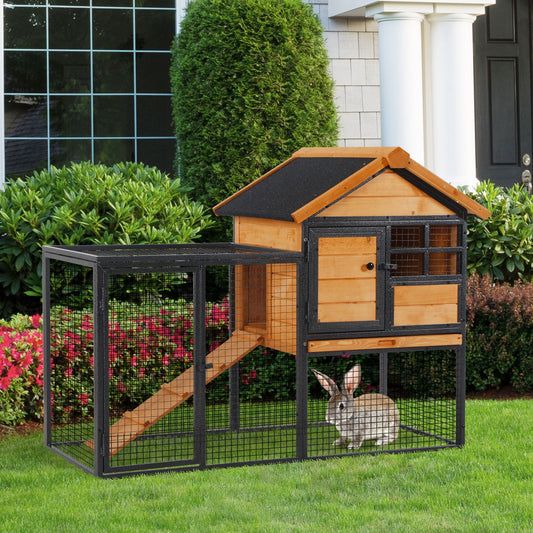 Wood-metal Pet House Elevated Rabbit Hutch Bunny Cage Small Animal Habitat with Slide-out Tray Lockable Door Water-resistant Asphalt Roof Outdoor 48"x25"x36" Light Yellow - Gallery Canada