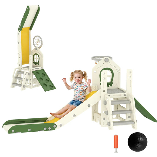 Foldable 4 in 1 Toddler Slide with Climber, Basketball Hoop, Storage Space and Basketball for Ages 1-3 Years, Cream Gym Sets & Swings Cream White, Light Grey, Yellow, Green at Gallery Canada