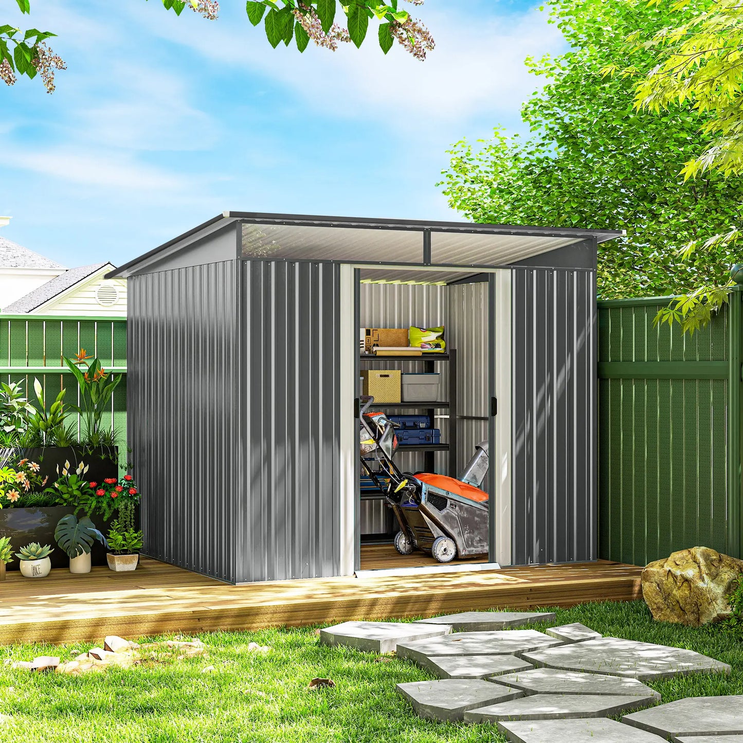 9' X 6.5' Outdoor Metal Garden Shed, Utility Tool Storage, Light Grey Sheds at Gallery Canada
