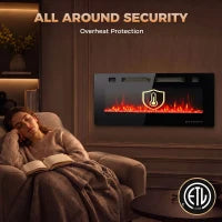 42" Electric Fireplace, Ultra-Thin Recessed, Wall Mounted, Black, Black