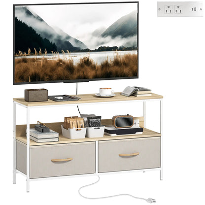 TV Stand With Charging Station, 2 Foldable Drawers, Open Shelf, 47 Inch, Oak TV Stands at Gallery Canada