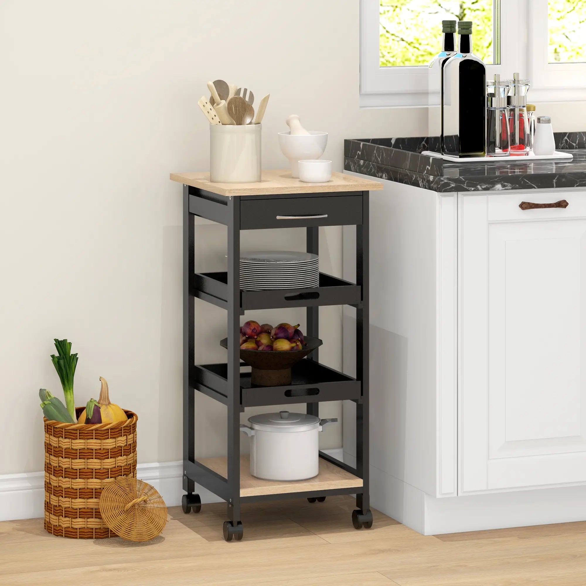 Kitchen Island Rolling Trolley, Utility Serving Cart with Drawer, Black Kitchen Islands & Kitchen Carts at Gallery Canada