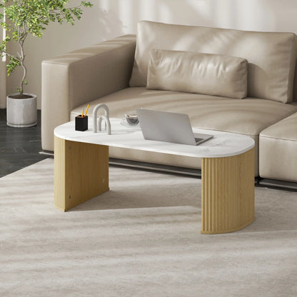 Modern Marble-Effect Coffee Table, Round Corners, Thicken Legs, Natural Wood Coffee Tables at Gallery Canada