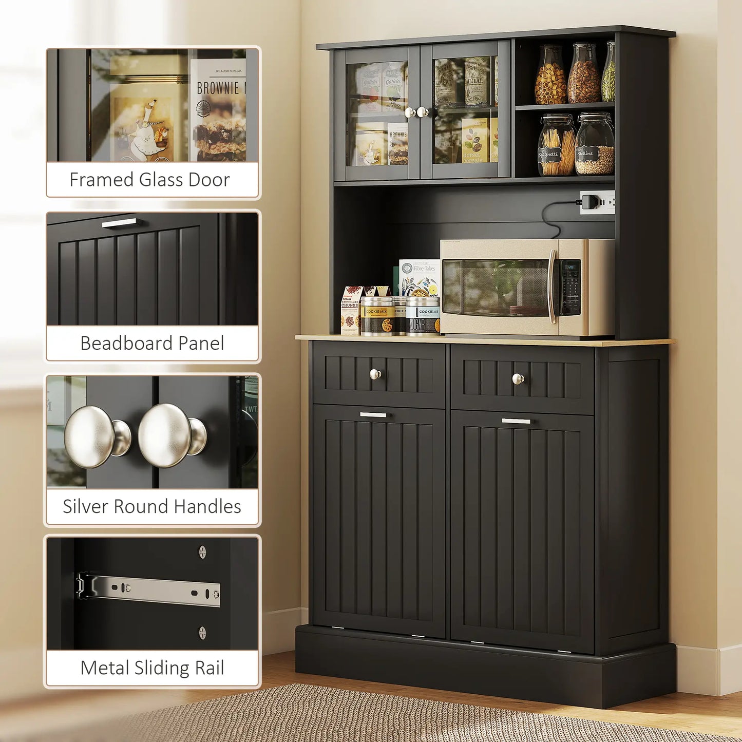 Kitchen Cabinet with Charging Station, 2 Tilt Out Cabinets, Microwave Stand, Black Kitchen Pantry Cabinets at Gallery Canada