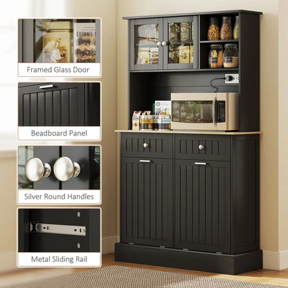 Kitchen Cabinet with Charging Station, 2 Tilt Out Cabinets, Microwave Stand, Black Kitchen Pantry Cabinets at Gallery Canada