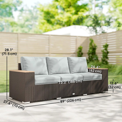 3-Seater Outdoor Sofa, Wicker Patio Couch With Wood Armrests, Grey Patio Furniture Sets at Gallery Canada