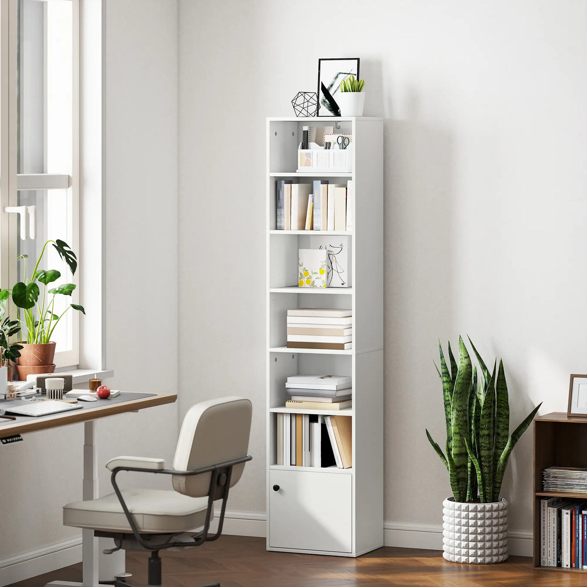 7-Tier Bookcase, Display Shelf with Cabinet, White