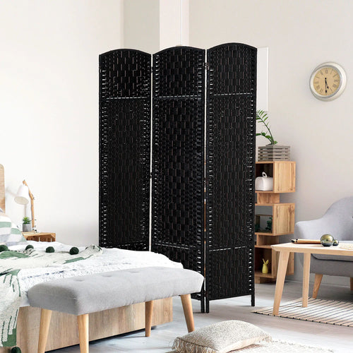 6ft Folding Room Divider, 3 Panel Wooden Frame, Black