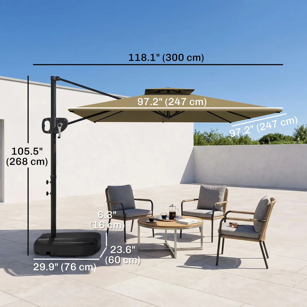 Square Cantilever Patio Umbrella, Double Top, 8' x 9', Khaki Offset Cantilever Umbrellas at Gallery Canada