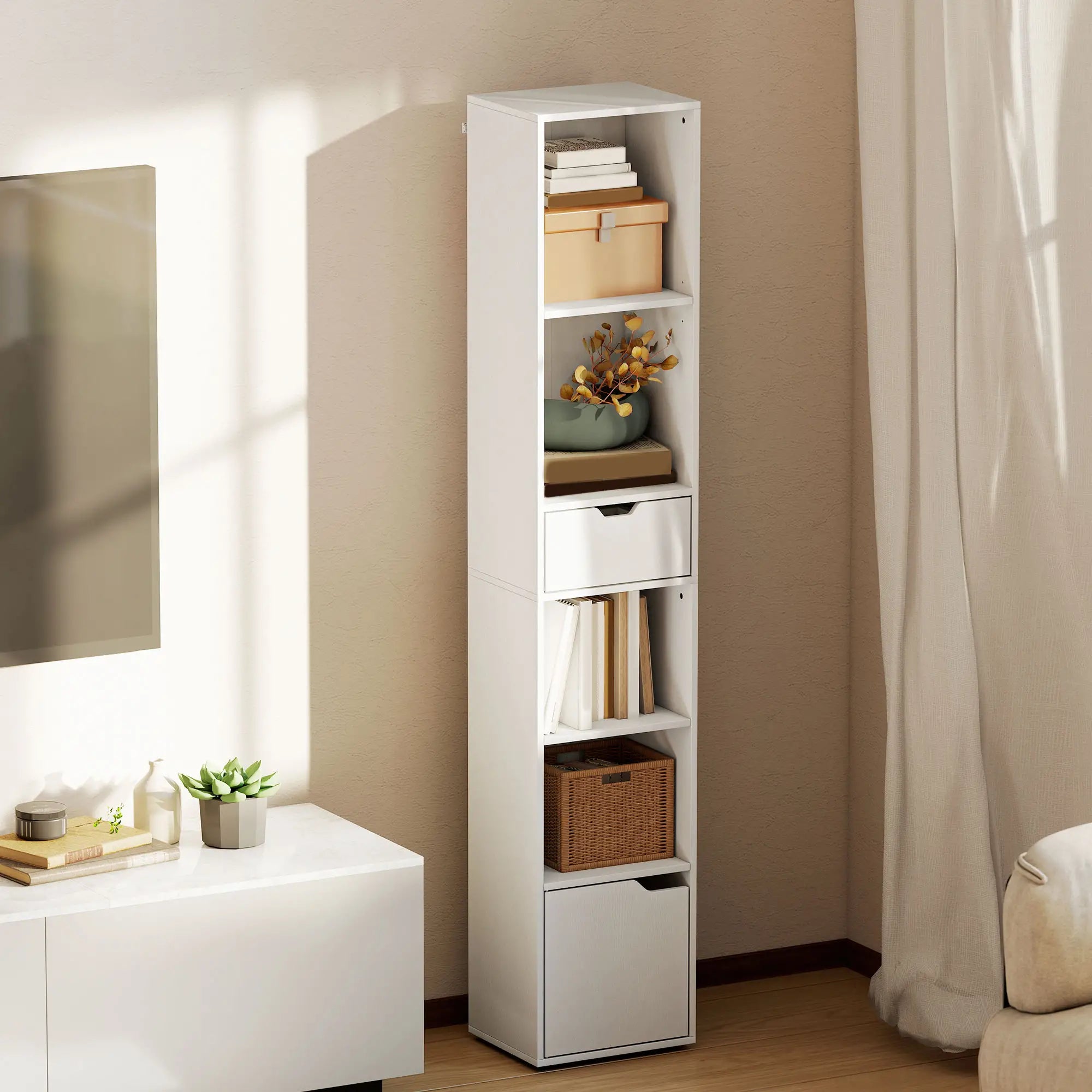 6-Tier Bookcase, Tall Narrow Bookshelf with Drawer and Door, White Display Bookshelves at Gallery Canada