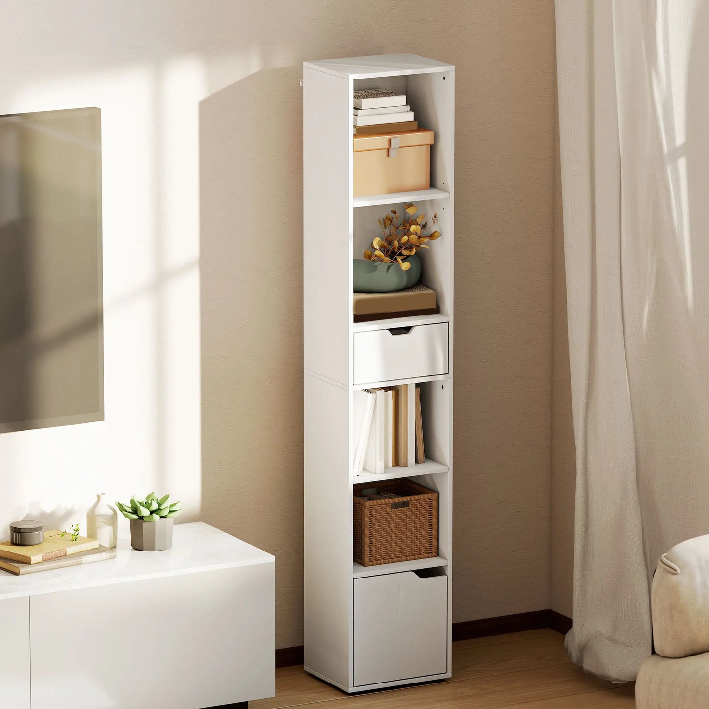6-Tier Bookcase, Tall Narrow Bookshelf with Drawer and Door, White Display Bookshelves at Gallery Canada