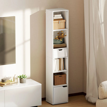 6-Tier Bookcase, Tall Narrow Bookshelf with Drawer and Door, White Display Bookshelves at Gallery Canada