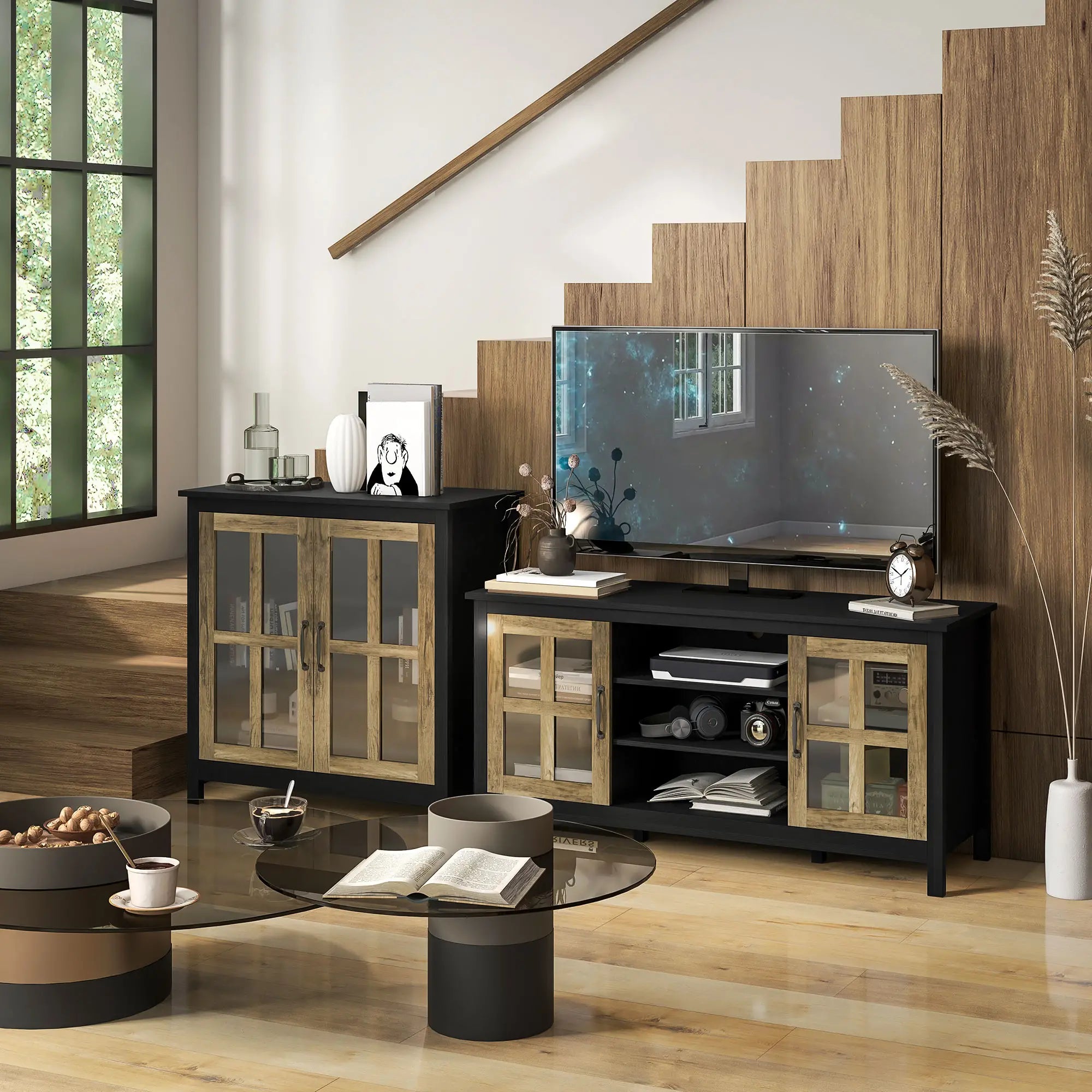 Kitchen Sideboard, Glass Door Buffet Cabinet, 2 Glass Doors, Adjustable Shelf, Black Wood Grain Bar Cabinets at Gallery Canada