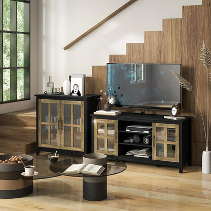 Kitchen Sideboard, Glass Door Buffet Cabinet, 2 Glass Doors, Adjustable Shelf, Black Wood Grain Bar Cabinets at Gallery Canada