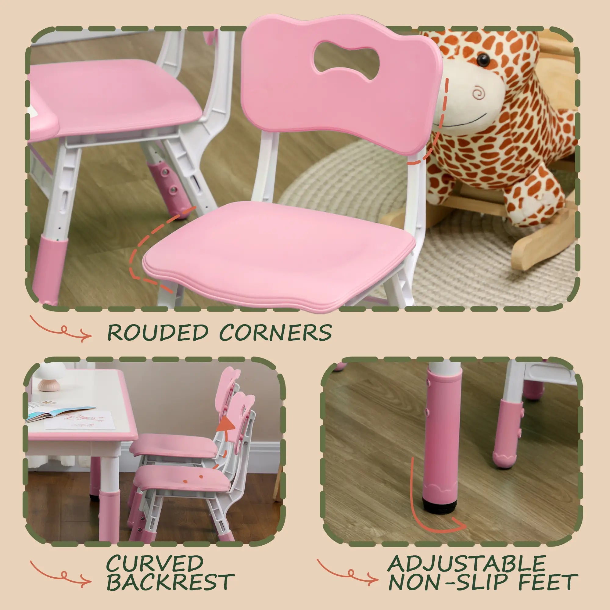 Kids Table and Chair Set, 4 Chairs, Adjustable Height, Pink Kids Table Sets at Gallery Canada