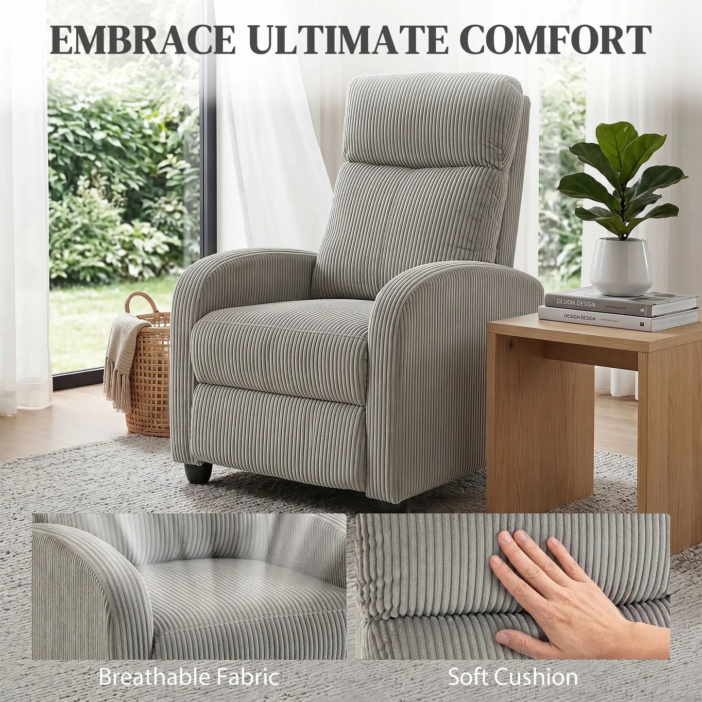 Corduroy Push Back Recliner Chair with Padded Seat, Grey