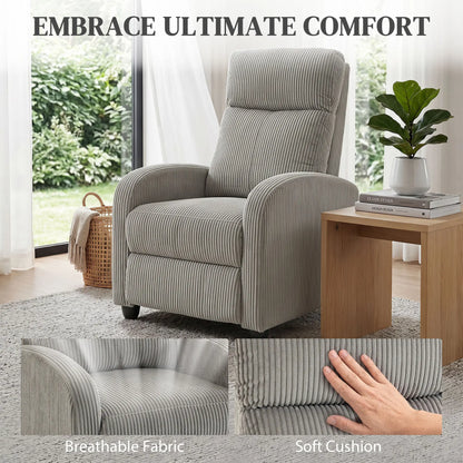 Corduroy Push Back Recliner Chair with Padded Seat, Grey