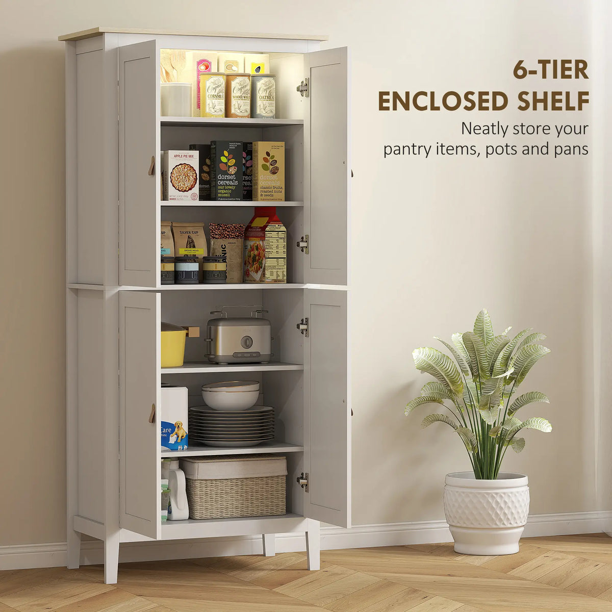 69.5" Tall Kitchen Pantry Cabinet, Motion Sensor LED Light, White Kitchen Pantry Cabinets at Gallery Canada