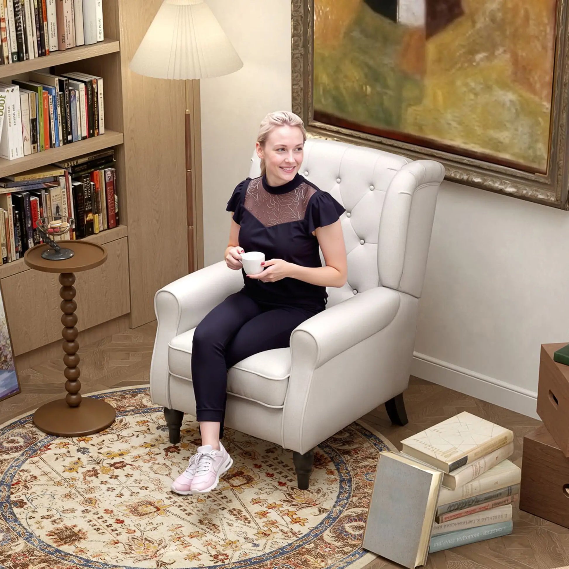 Fabric Accent Chair, Button Tufted Armchair, Upholstered Wingback Chair, White Accent Chairs at Gallery Canada