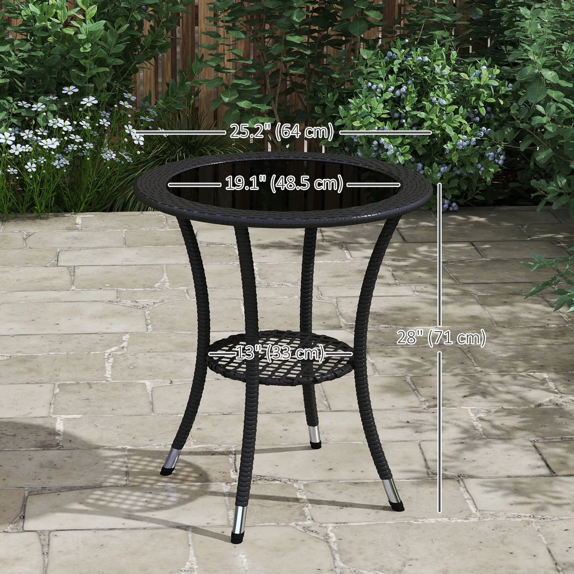 Outdoor Rattan Dining Table, Round Coffee Table with 2-Tier Shelf, Black Patio Dinning Tables at Gallery Canada