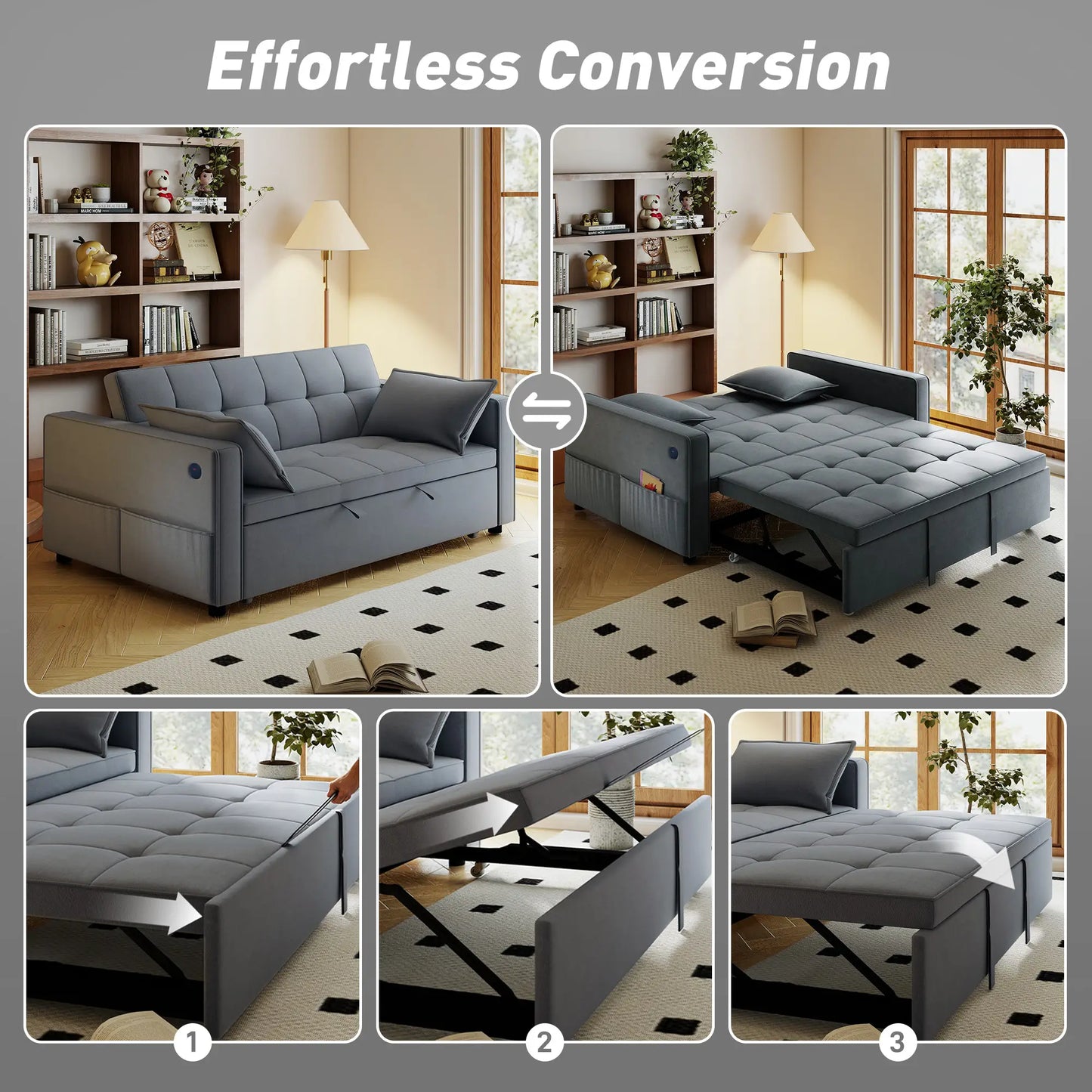 3-In-1 Convertible Sofa Bed, Pull Out Sleeper, Adjustable Backrest, Dark Grey 2-Seater Sofas at Gallery Canada