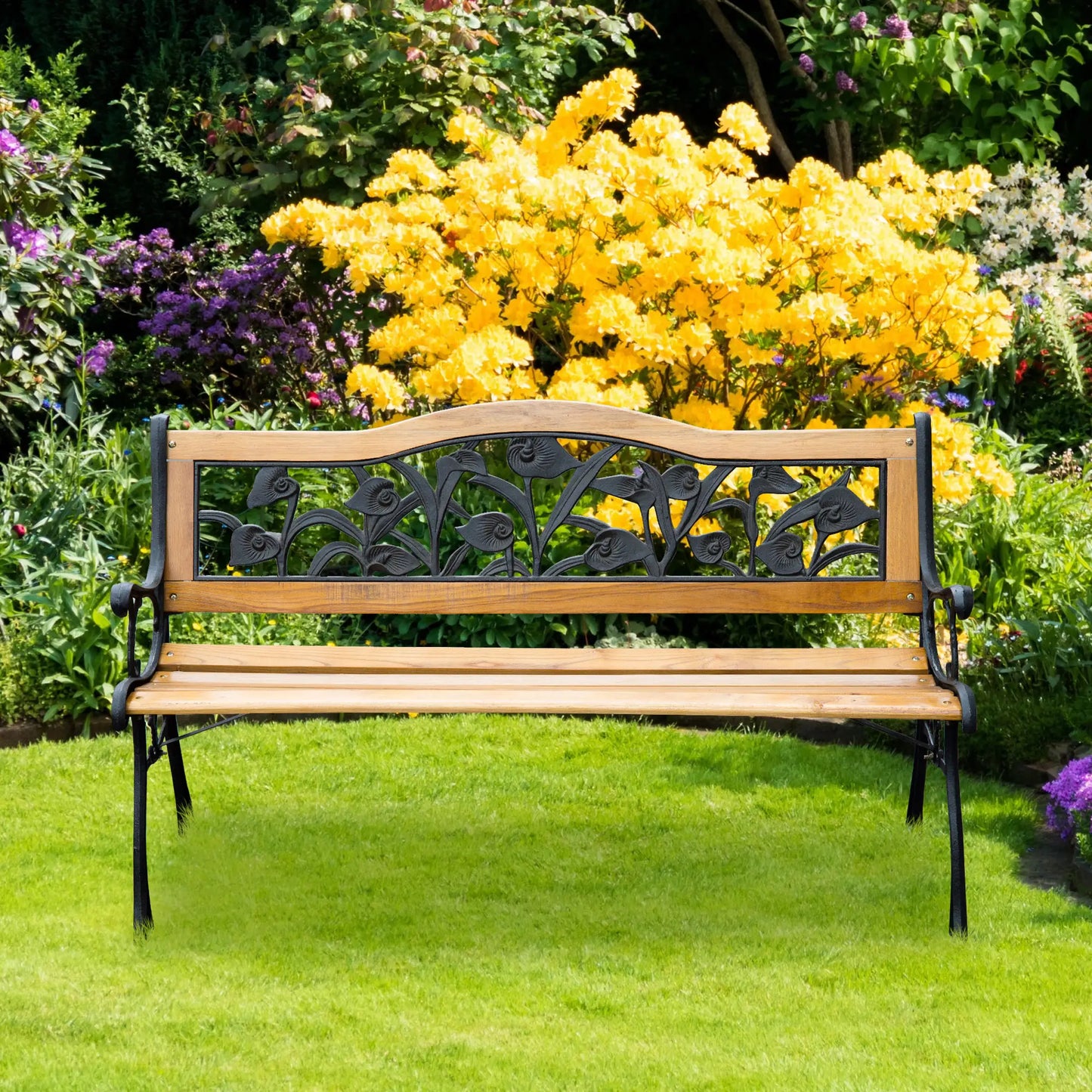 50" 2-Seater Garden Bench, Cast Iron Wooded Loveseat, Natural Outdoor Benches at Gallery Canada
