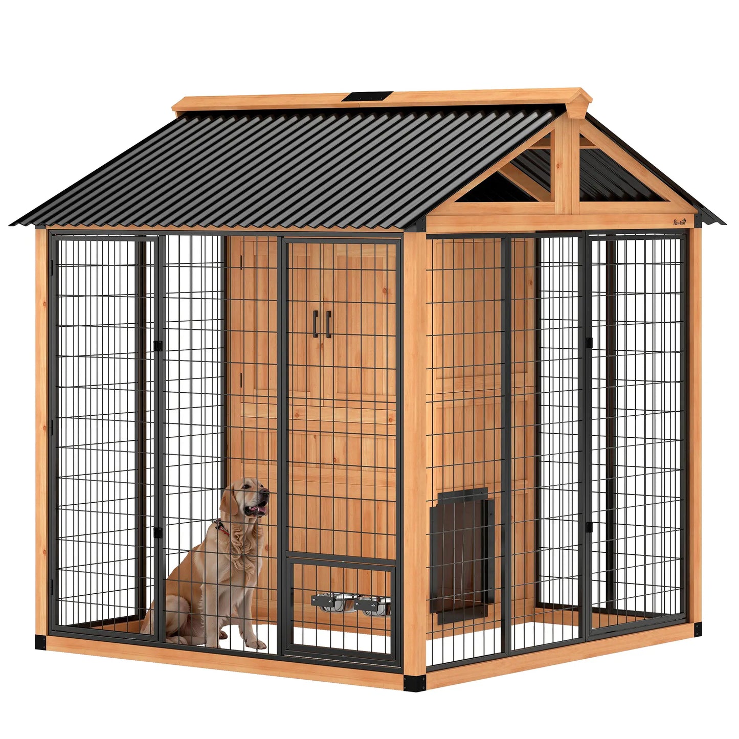 86" L Wooden Dog Kennel With Storage Cabinet, Stainless Steel Bowls, Yellow Dog Cages & Crates at Gallery Canada
