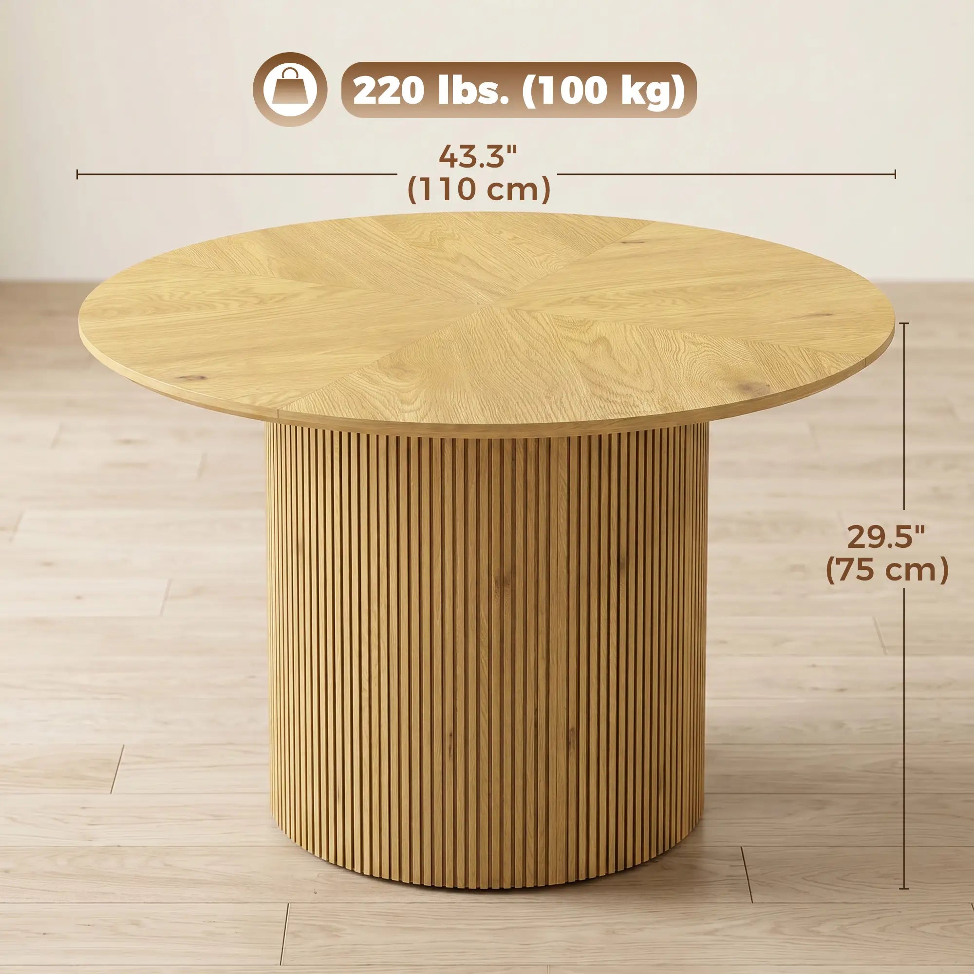 43.3 Inch Round Dining Table For 4-6, Fluted Pedestal, Oak Dining Tables at Gallery Canada