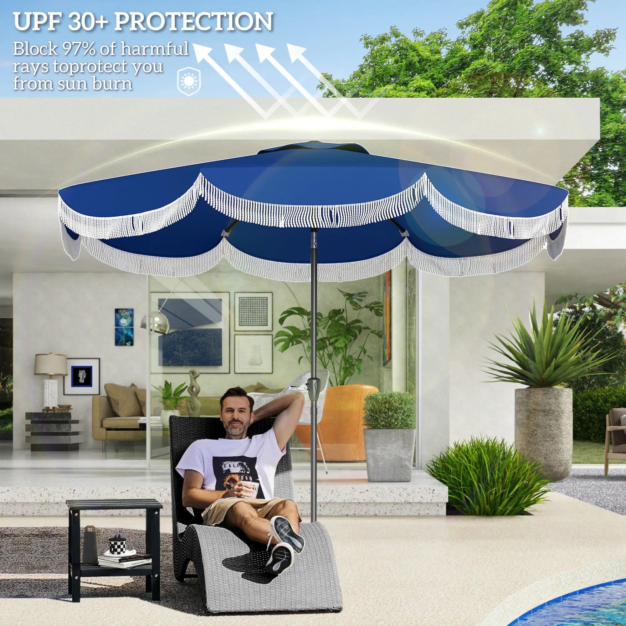 9FT Patio Umbrella, UPF 30+, Crank, 8 Ribs, Push Button Tilt, Blue Patio Umbrellas at Gallery Canada