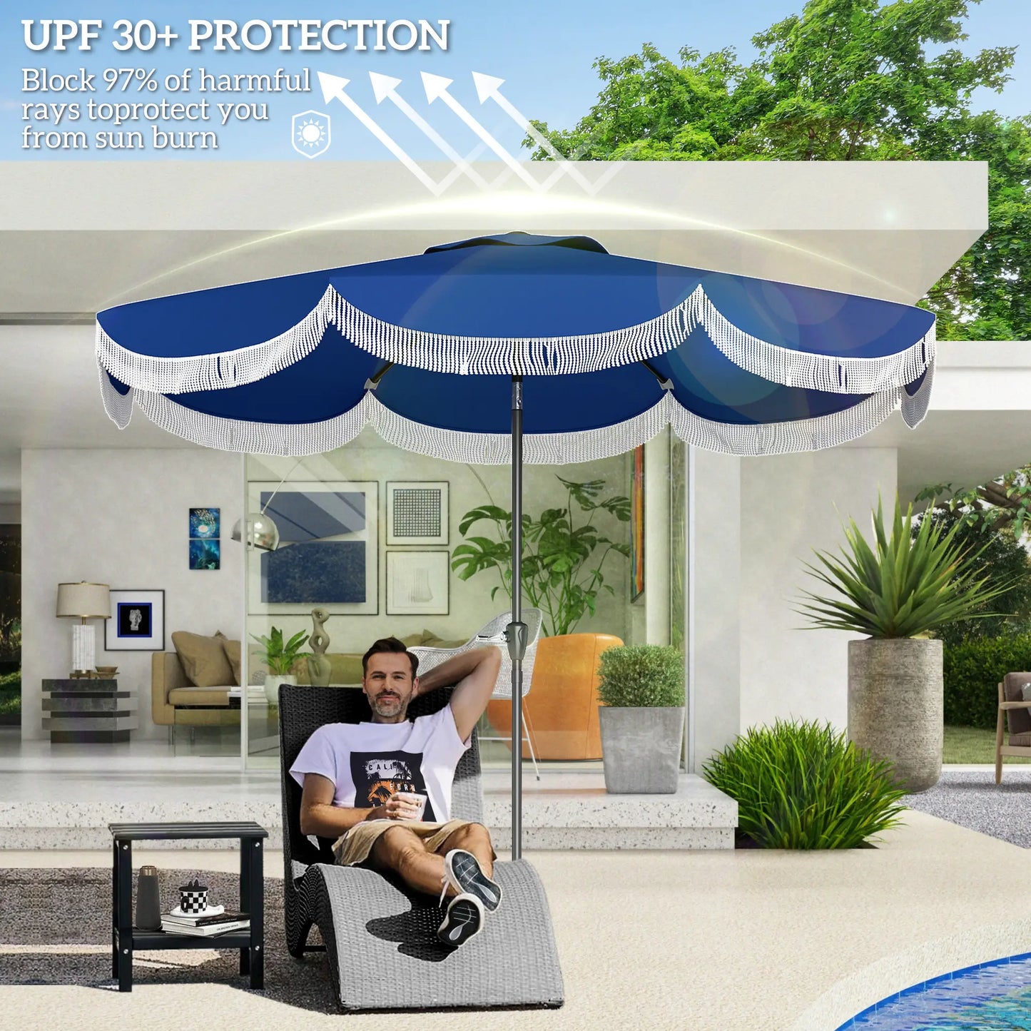 9FT Patio Umbrella, UPF 30+, Crank, 8 Ribs, Push Button Tilt, Blue Patio Umbrellas at Gallery Canada