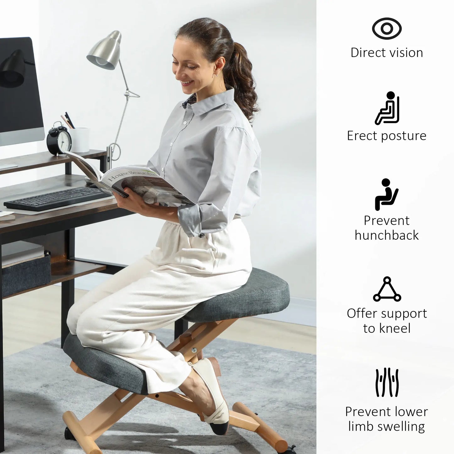 Ergonomic Kneeling Chair, Rubberwood Frame, Wheels, Dark Grey