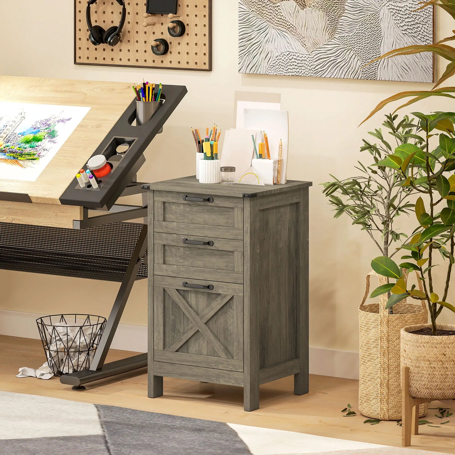 Vertical 3-Drawer Filing Cabinet, Rustic Farmhouse, A4, Letter Size, Grey Wash Office Cabinets & Cupboards at Gallery Canada