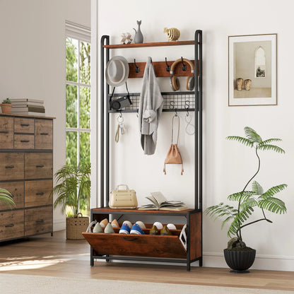 5-In-1 Coat Rack Shoe Bench, Hall Tree with Bench, 10 Hooks, Rustic Brown Clothing Storage at Gallery Canada