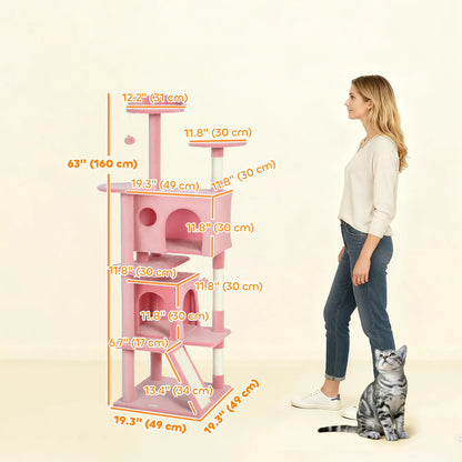 63" Cat Tree, Multi-Level Tower With Scratching Posts, Condos, Bed, Pink