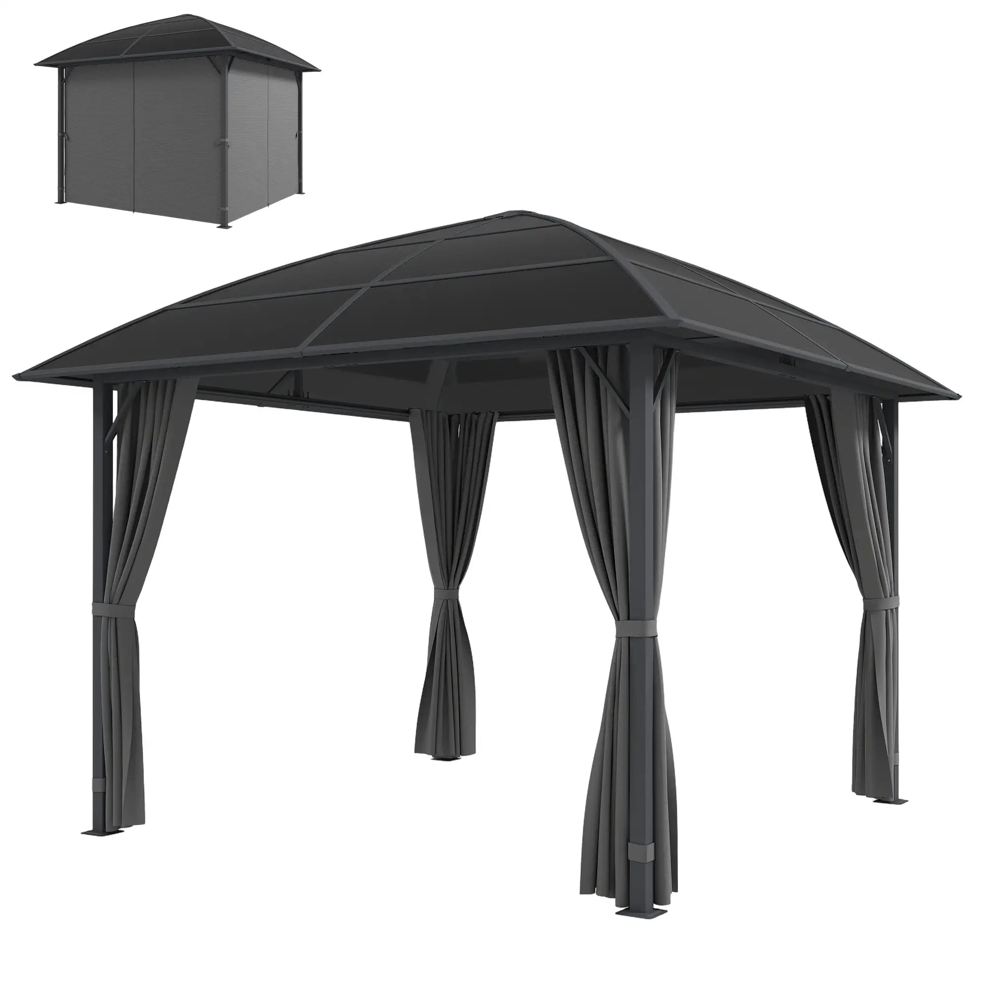 10' x 10' Hardtop Gazebo, Steel Frame, UV50+ Polycarbonate Roof, Light Grey Gazebos Black Roof, Dark Grey Frame and Light Grey Curtains at Gallery Canada