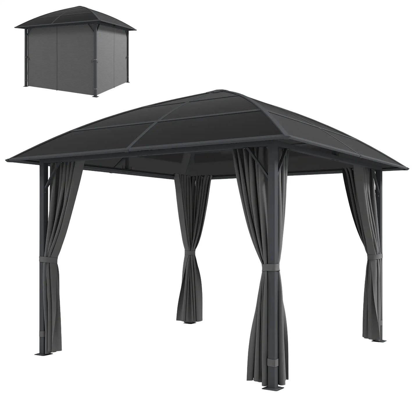 10' x 10' Hardtop Gazebo, Steel Frame, UV50+ Polycarbonate Roof, Light Grey Gazebos Black Roof, Dark Grey Frame and Light Grey Curtains at Gallery Canada