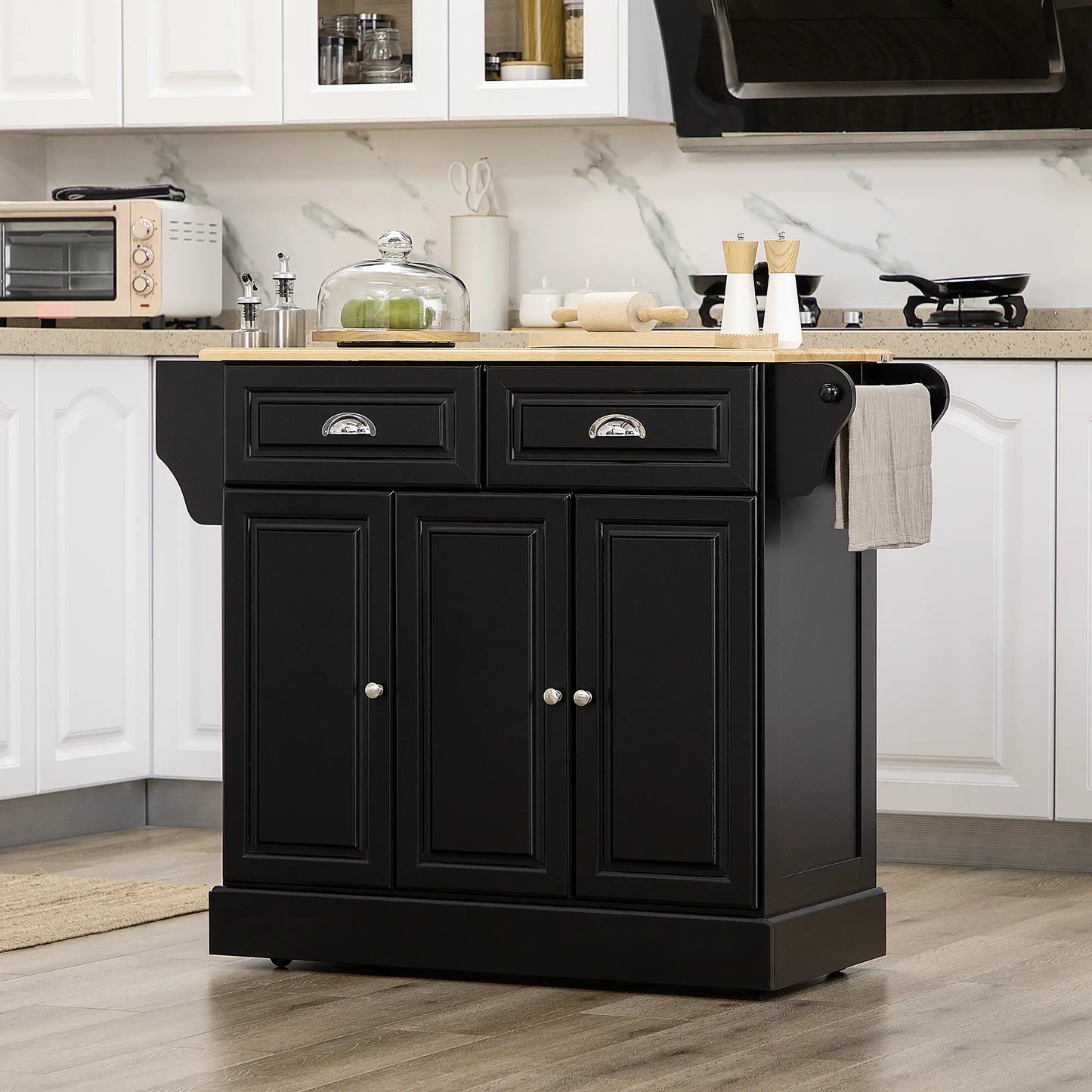 Kitchen Island with Storage, Rolling Cart, Rubber Wood Top, Black Kitchen Islands & Kitchen Carts at Gallery Canada