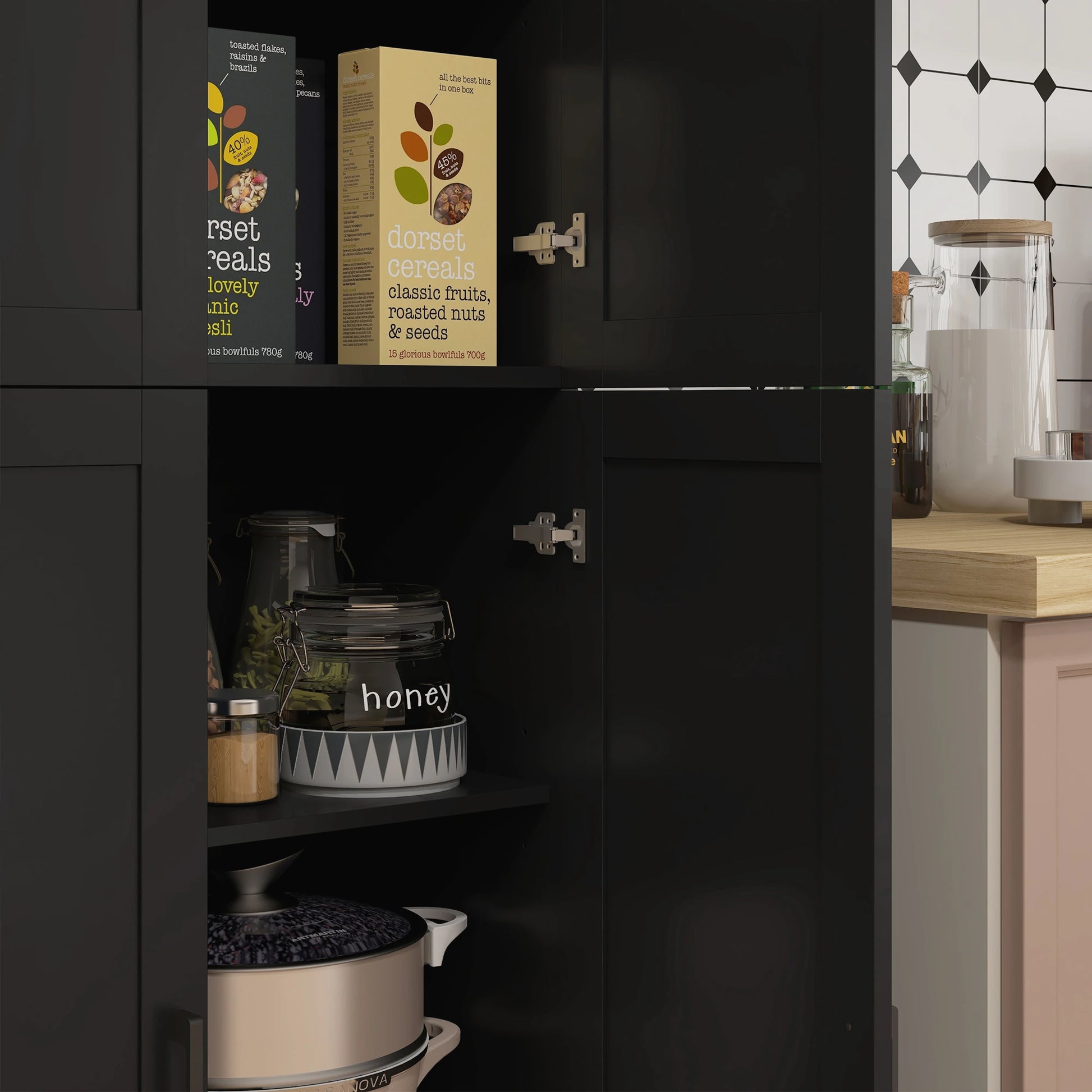 67" 4-Door Kitchen Pantry Cabinet, Adjustable Shelves, Black Kitchen Pantry Cabinets at Gallery Canada
