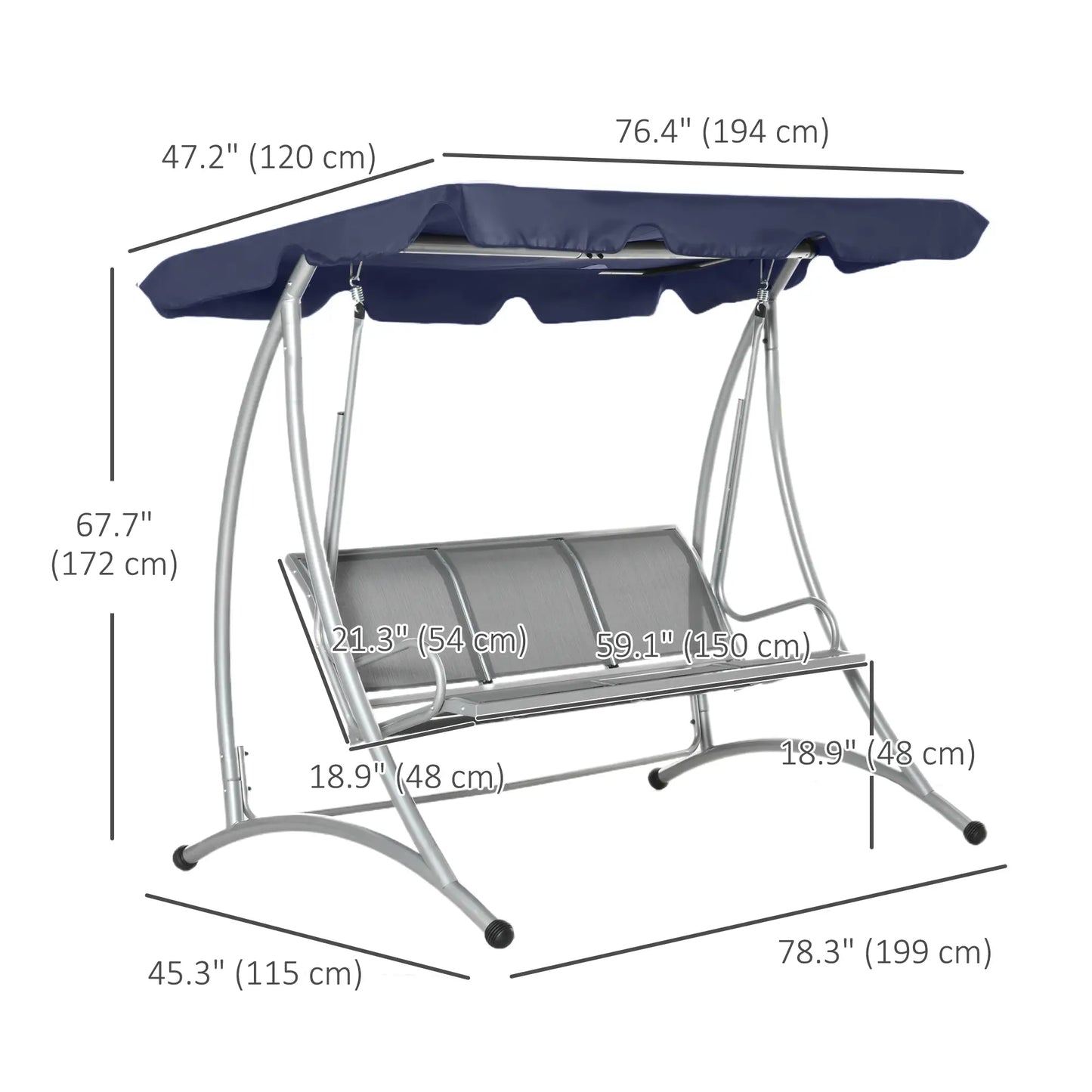 3-Seater Outdoor Swing Bench, Adjustable Canopy, Dark Blue Porch Swings with Canopy at Gallery Canada