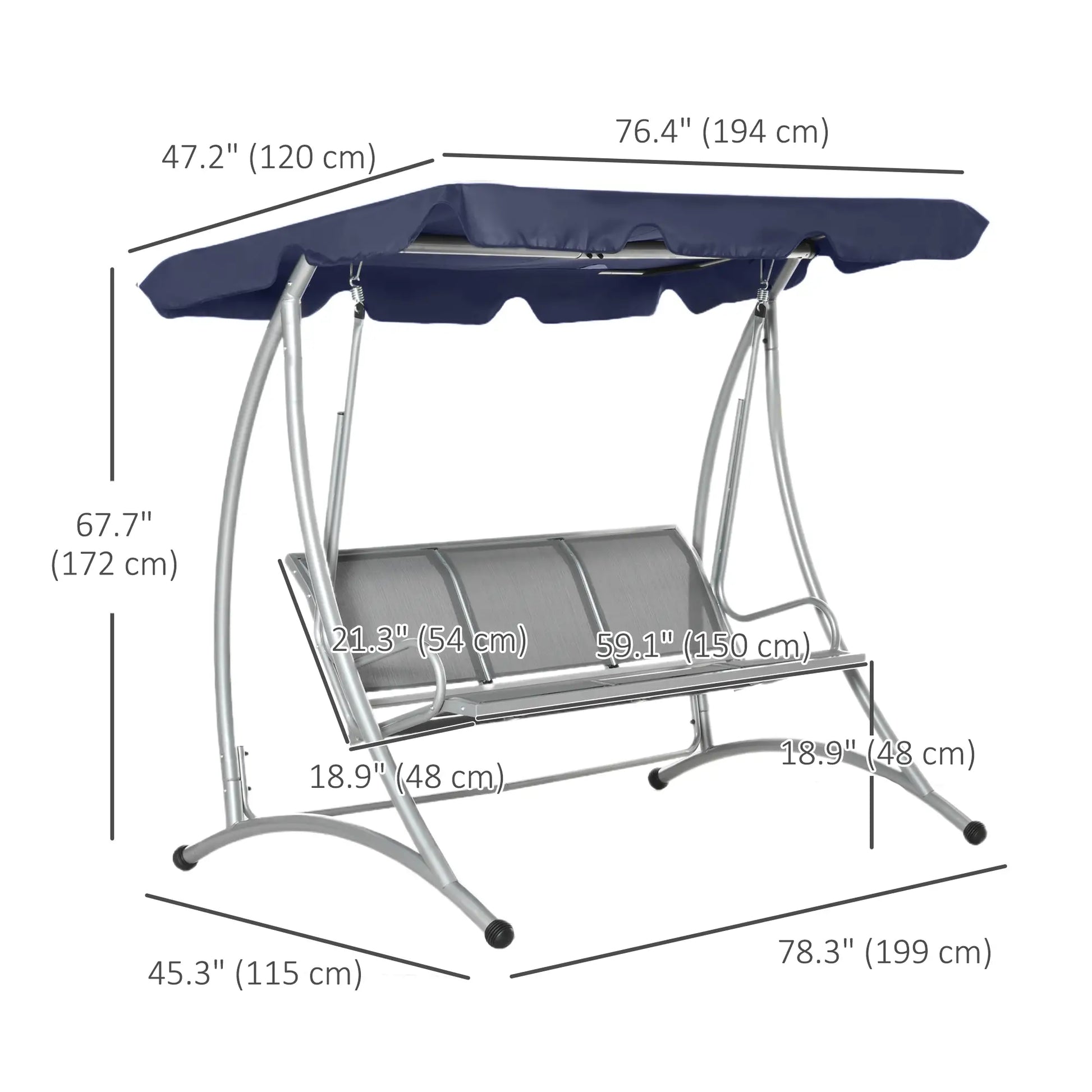 3-Seater Outdoor Swing Bench, Adjustable Canopy, Dark Blue Porch Swings with Canopy at Gallery Canada