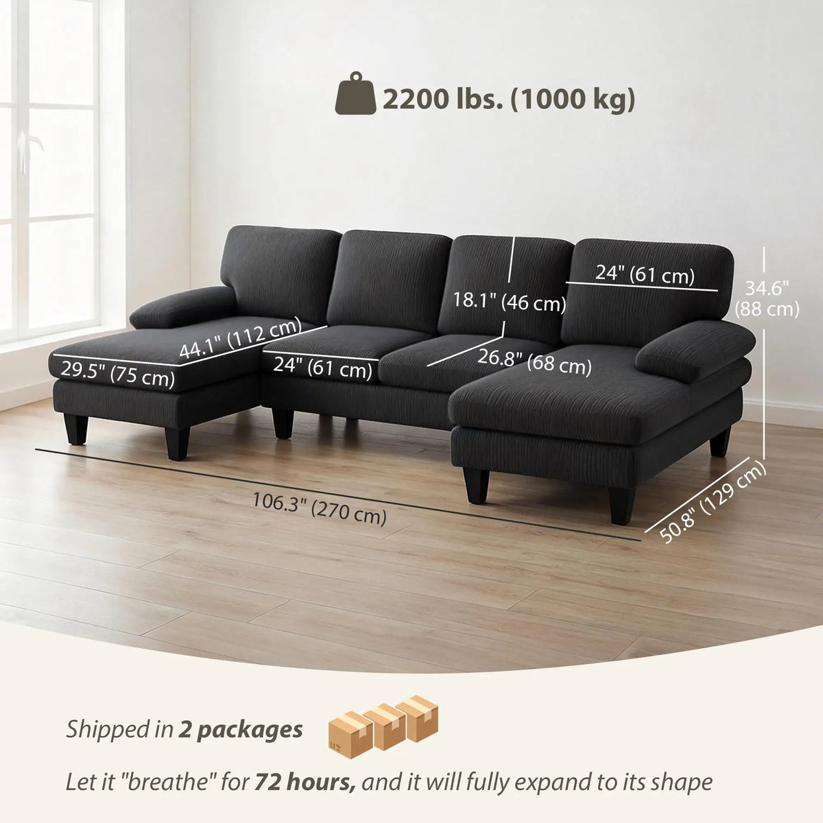 U Shaped Sectional Sofa, Double Chaise, 2200lb Capacity, Dark Grey 3-Seater Sofas at Gallery Canada