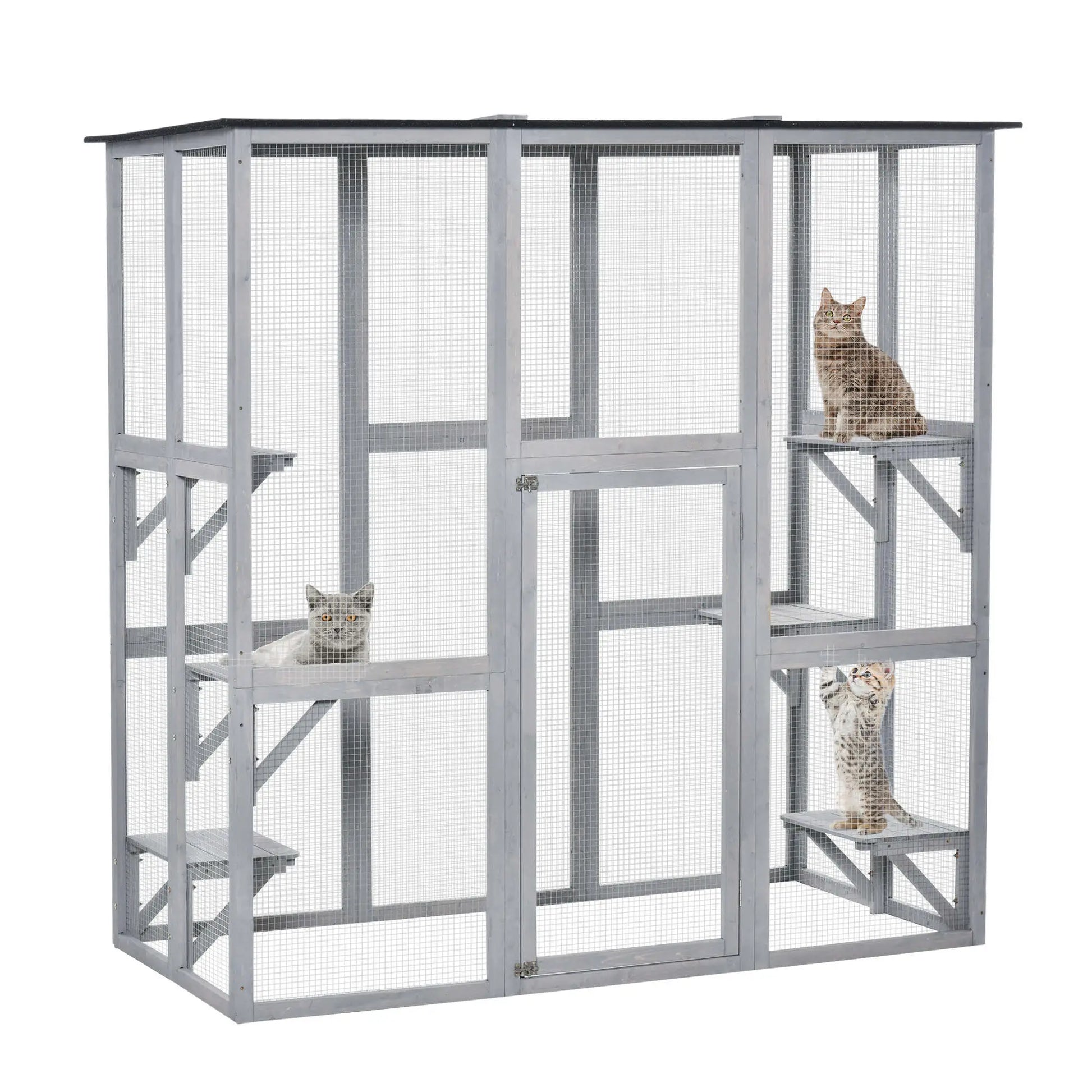 Large Outdoor Catio Enclosure, Weatherproof Cat House, Wooden Patio Cage, 6 Platforms, 71" x 39" x 71", Grey Outdoor Cat Enclosures at Gallery Canada