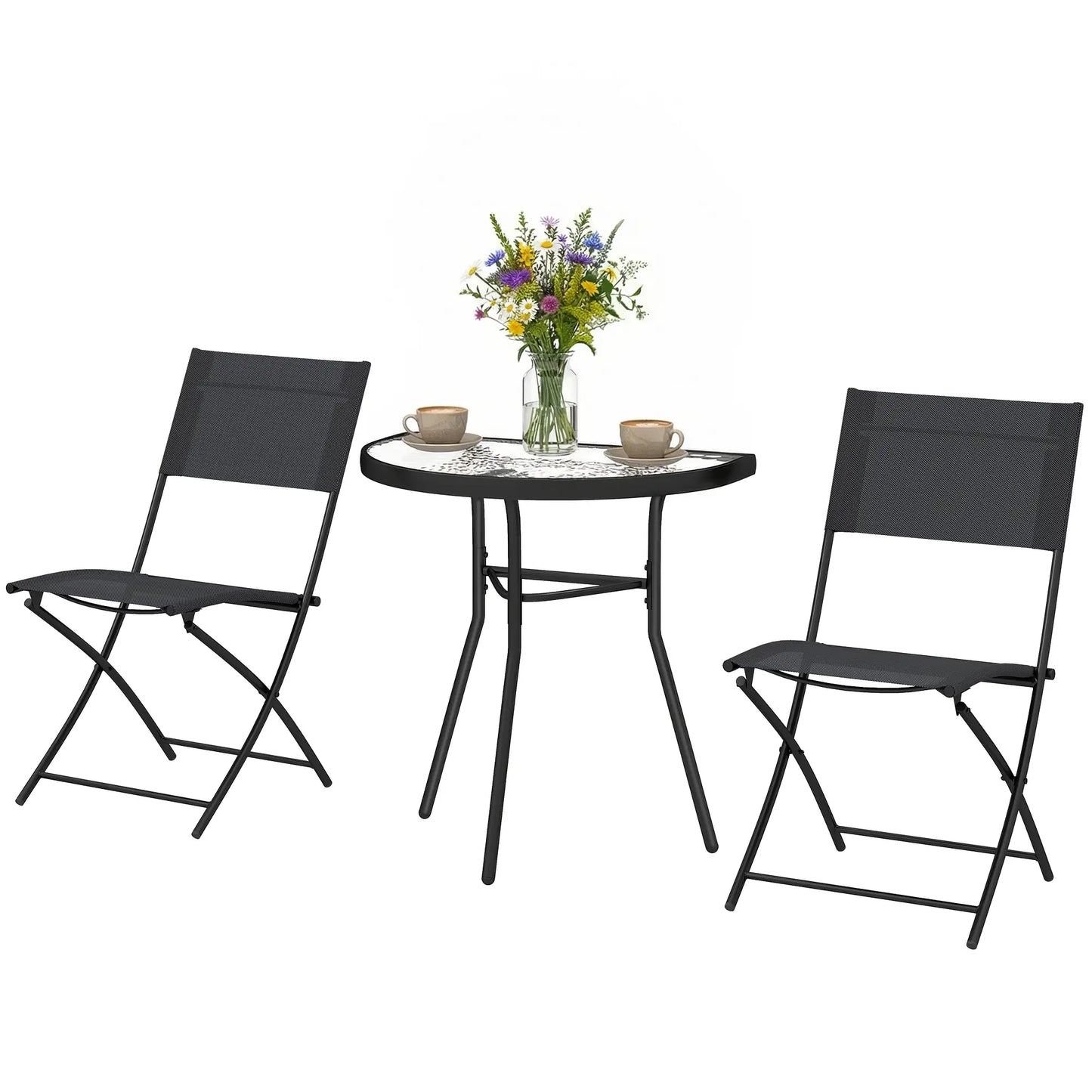 3-Piece Patio Bistro Set, Folding Chairs, Glass Table, Black Bistro Sets Black at Gallery Canada