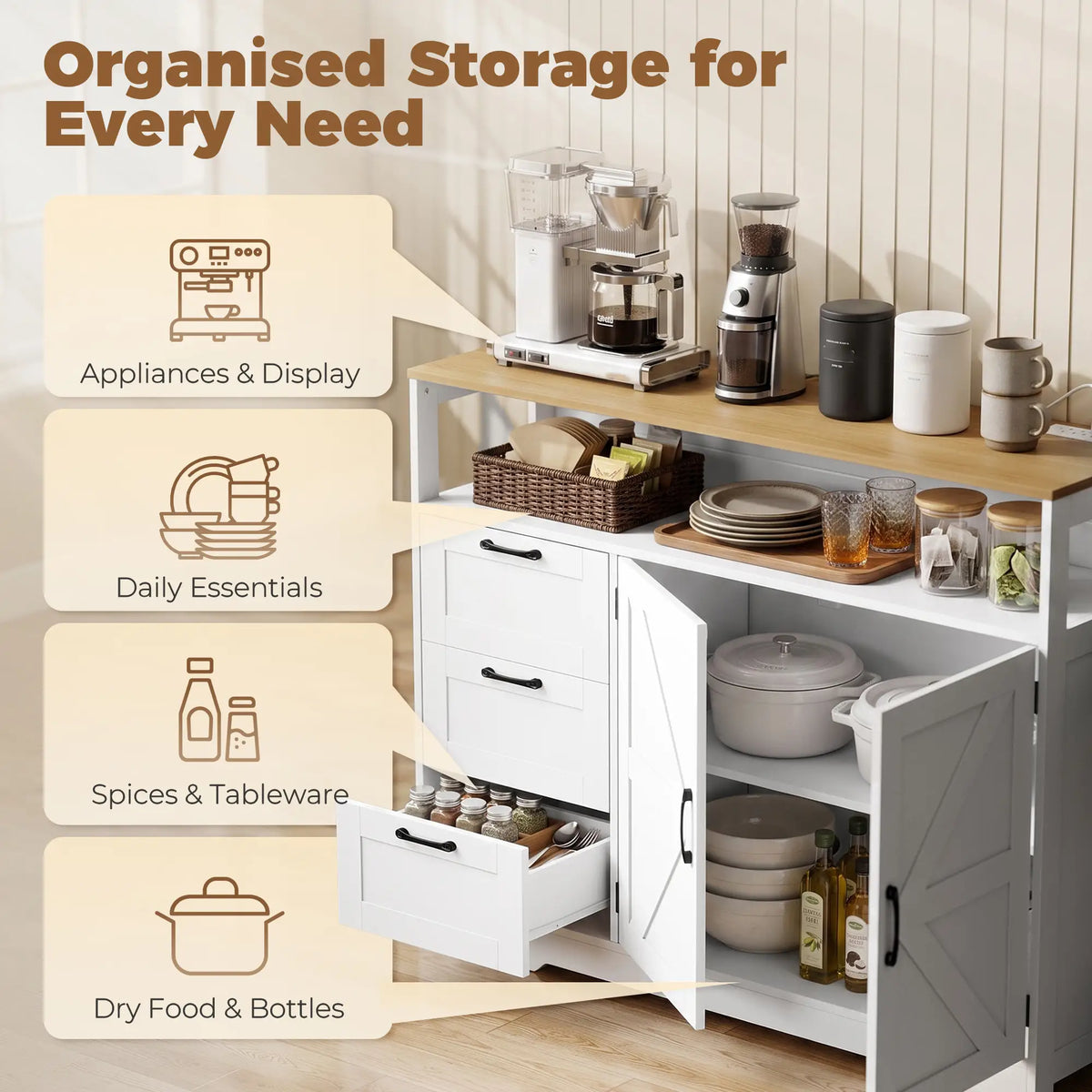 48" Farmhouse Sideboard Buffet Cabinet, 3 Drawers, Charging Station, White